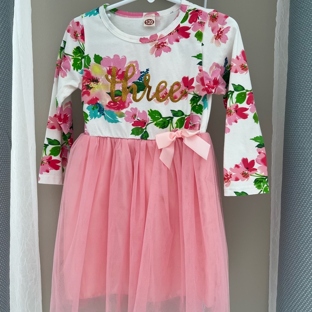 Birthday girl “Three” - Pink Floral Tulle Dress with Gold Detail